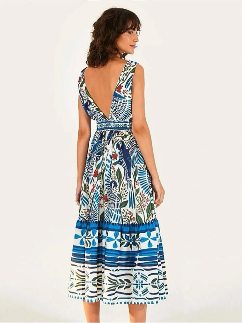 Farm Rio Blue Parrot Print Midi Dress – Limited Edition – Size L - Picture 3 of 7